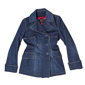 Moda International Y2K Denim Double‎ Breasted Peacoat Lined Women's Small